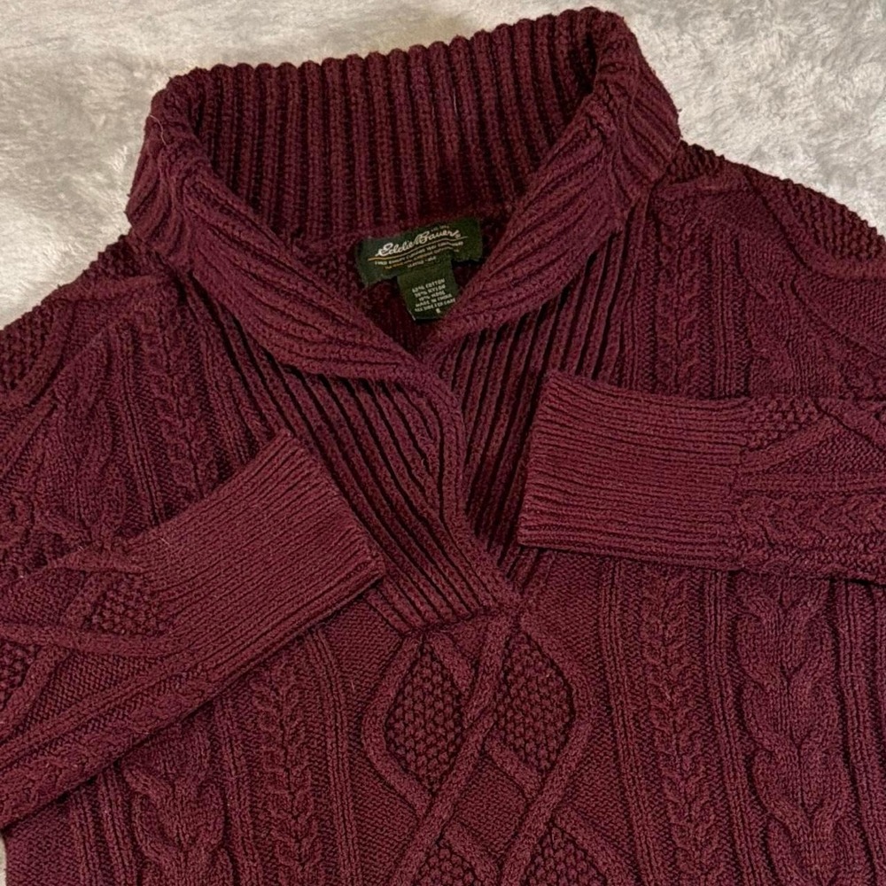 Y2K Eddie Bauer Wool Blend Cable Knit Shawl Collar Sweater | Burgundy | S